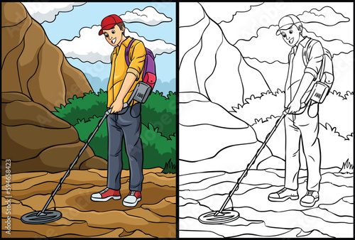 Metal Detectorist Coloring Page Illustration photo