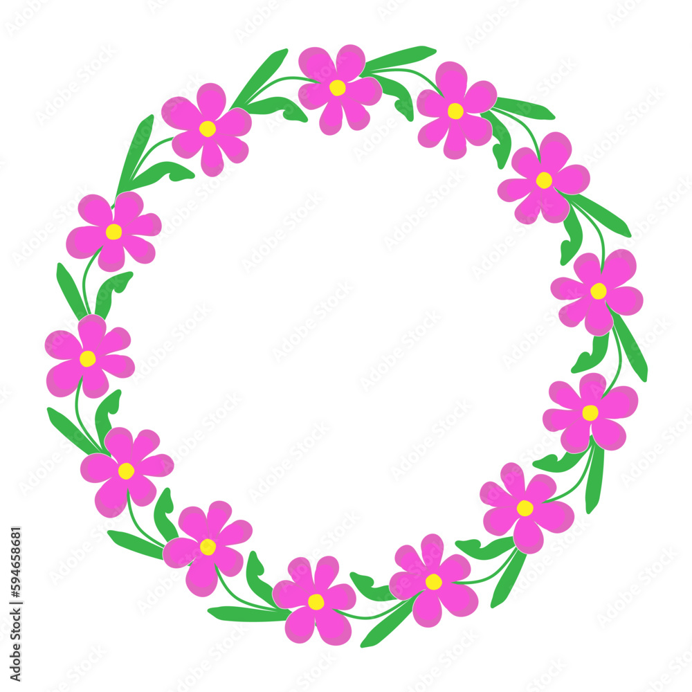 vector illustration round frame - wreath of pink doodle kosmeya meadow flowers for decoration, text