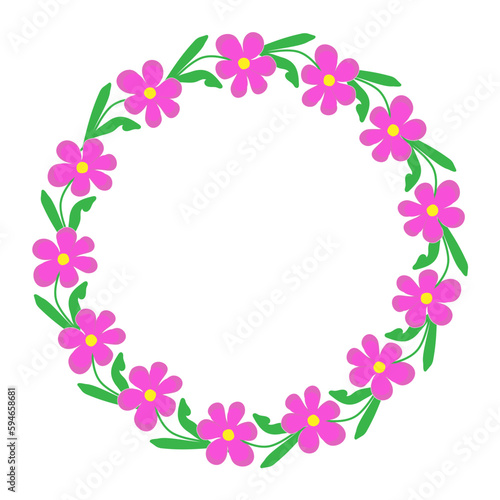 vector illustration round frame - wreath of pink doodle kosmeya meadow flowers for decoration  text