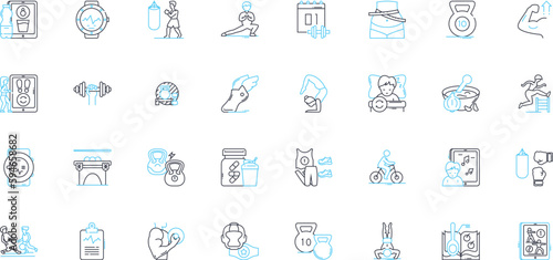 Run sprints linear icons set. Speed , Acceleration , Endurance , Agility , Power , Stamina , Intensity line vector and concept signs. Explosiveness ,Fitness ,Strength outline illustrations