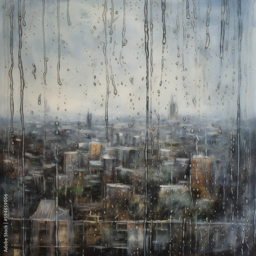 Detailed melancholic raindrops on glass with clouds, sky, water, building, skyscraper, tree, natural landscape, tower block, and plant, generative AI.