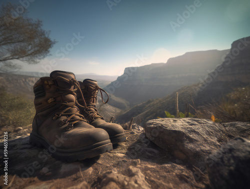 Hikers on adventurous path with sturdy boots, mountain terrain, sunrise, and scenic nature landscape with clouds and trees, generative AI.