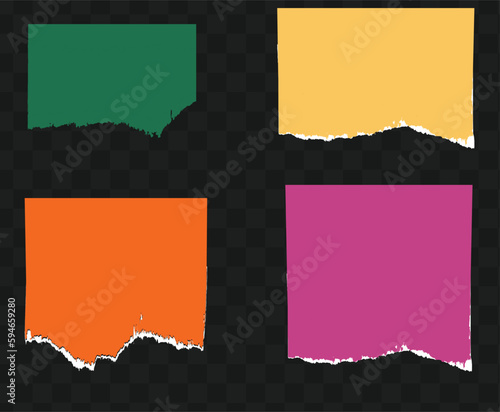Torn sheets of paper. Torn paper strips set. Ripped note notebook grainy paper strips stuck. Vector illustration. 