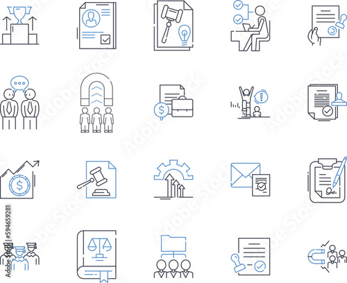 Litigator line icons collection. dvocate, Attorney, Barrister, Counsel, Advocate, Counselor, Defendant vector and linear illustration. Expert, Jury, Lawsuit outline signs set