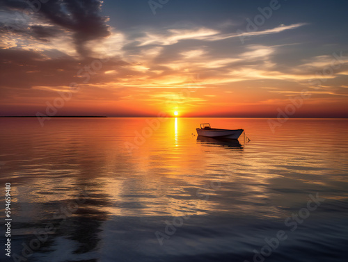 Stunning sunrise over water with boat, clouds, and afterglow in natural landscape, orange and amber sky, water resources, generative AI.