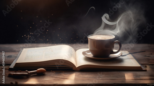 "Steaming coffee cup on wooden table with book, perfect for morning coffee moments, tableware and drinkware, generative AI"