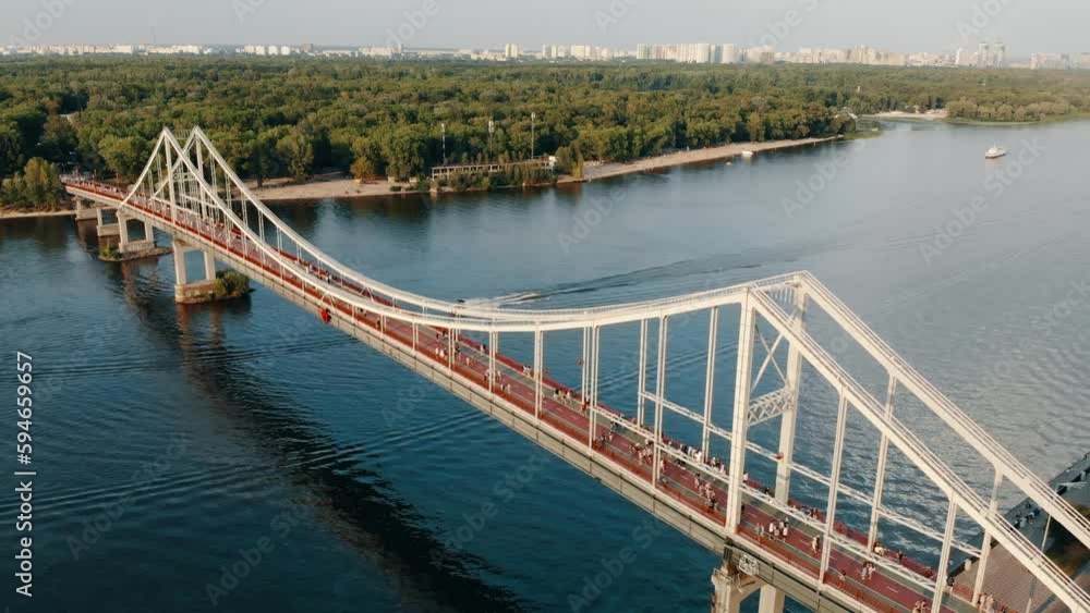 Panoramic aerial view of the pedestrian bridge across the Dnieper River