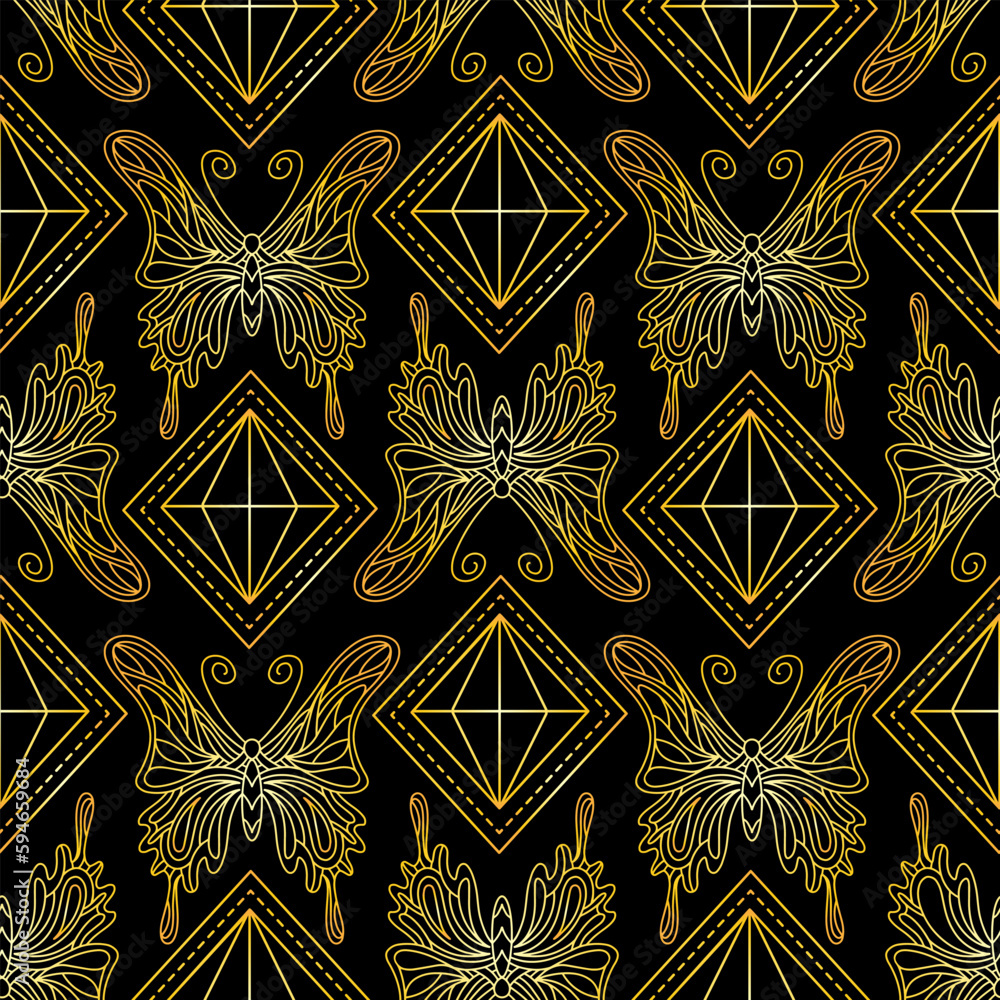 Seamless pattern with golden butterflies and diamonds on a black background. Golden pattern with butterflies. Vector illustration