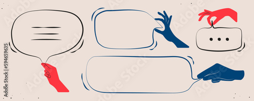 Set of speech bubbles footnote messages held by red and blue hands, flat cartoon style hand drawn illustration. Advertising, fashion, text message.