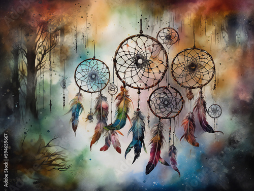 "Intricate dreamcatcher painting on wood branch, whimsical circle pattern with tints and shades, organic organism art, generative AI"