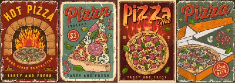 Hot pizza vintage posters colorful
