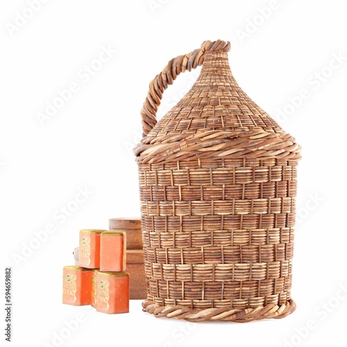 A rattan made jug on a white surface, 3d rendering
