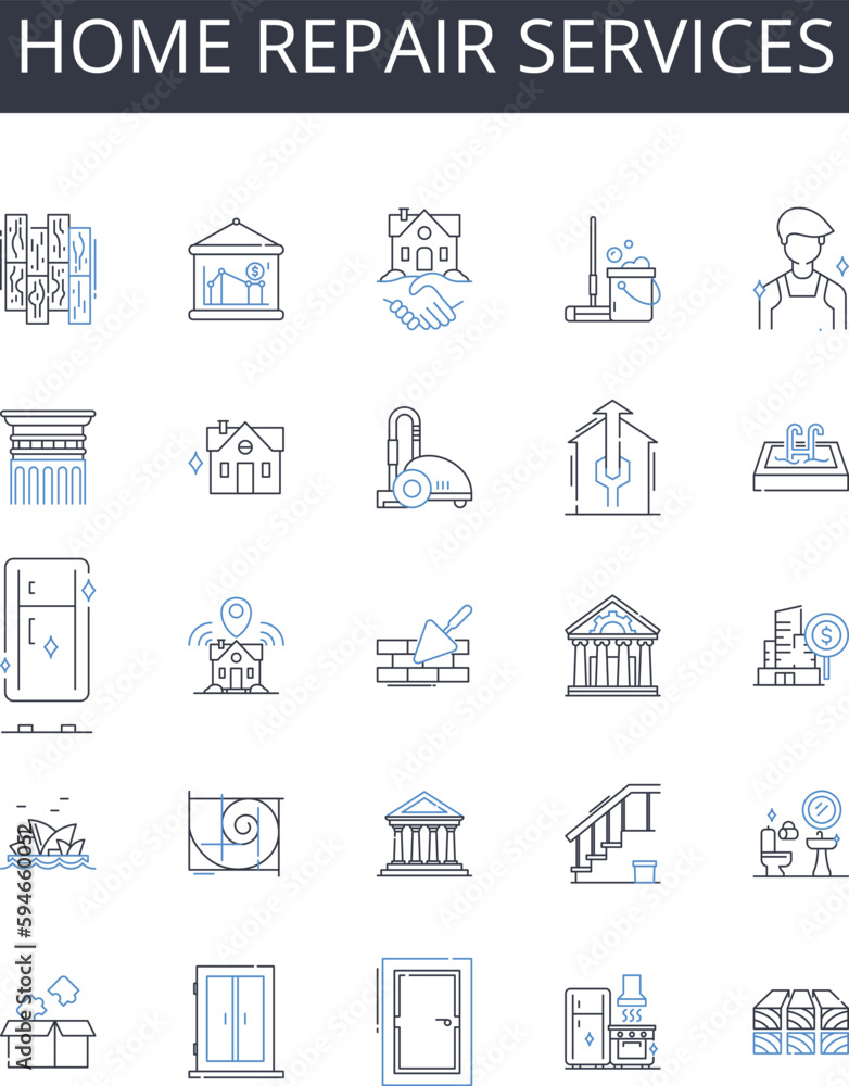 Home repair services line icons collection. Handyman services, Household maintenance, Property repair, Fixing up, Property restoration, Renovation services, Property improvement vector and linear