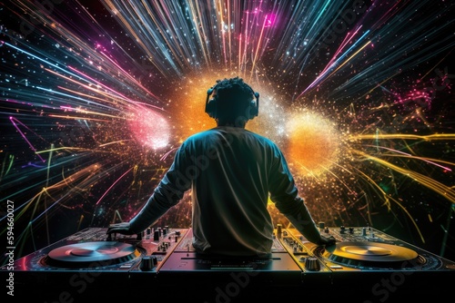 Illustration of a DJ mixing tracks on a mixer in a nightclub with colorful lasers show. An amazing club atmosphere with a lof of people dancing to electronic music. Generative AI