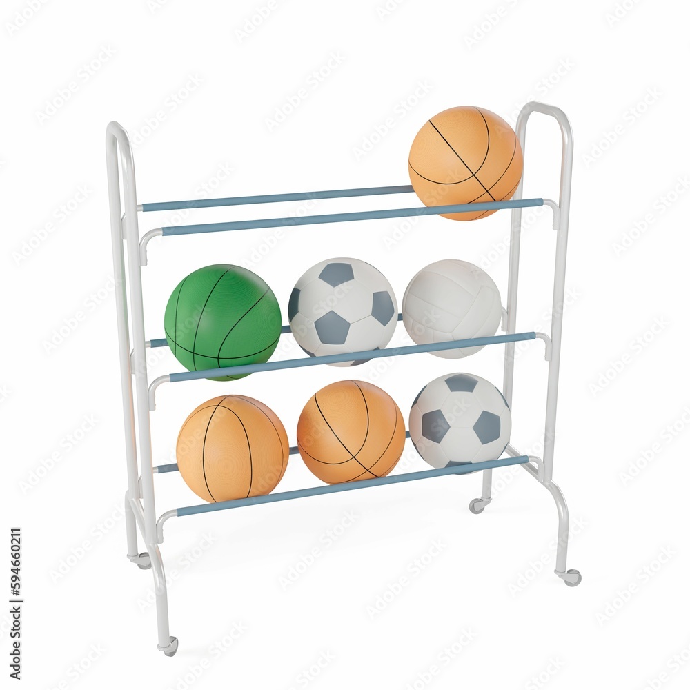 A metal rack with different balls, 3d rendering