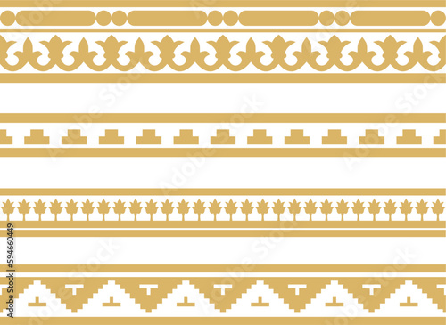 Vector set of golden seamless classic byzantine ornament. Endless border, Ancient Greece, Eastern Roman Empire frame. Decoration of the Russian Orthodox Church..