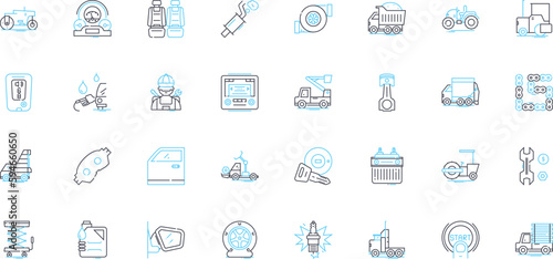 Truck care linear icons set. Maintenance, Oil, Filters, Tires, Brakes, Alignment, Suspension line vector and concept signs. Engine,Transmission,Heavy-duty outline illustrations