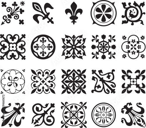 Vector black monochrome set of ancient Roman ornament elements. Classic European parts of patterns. Lilies and crowns..