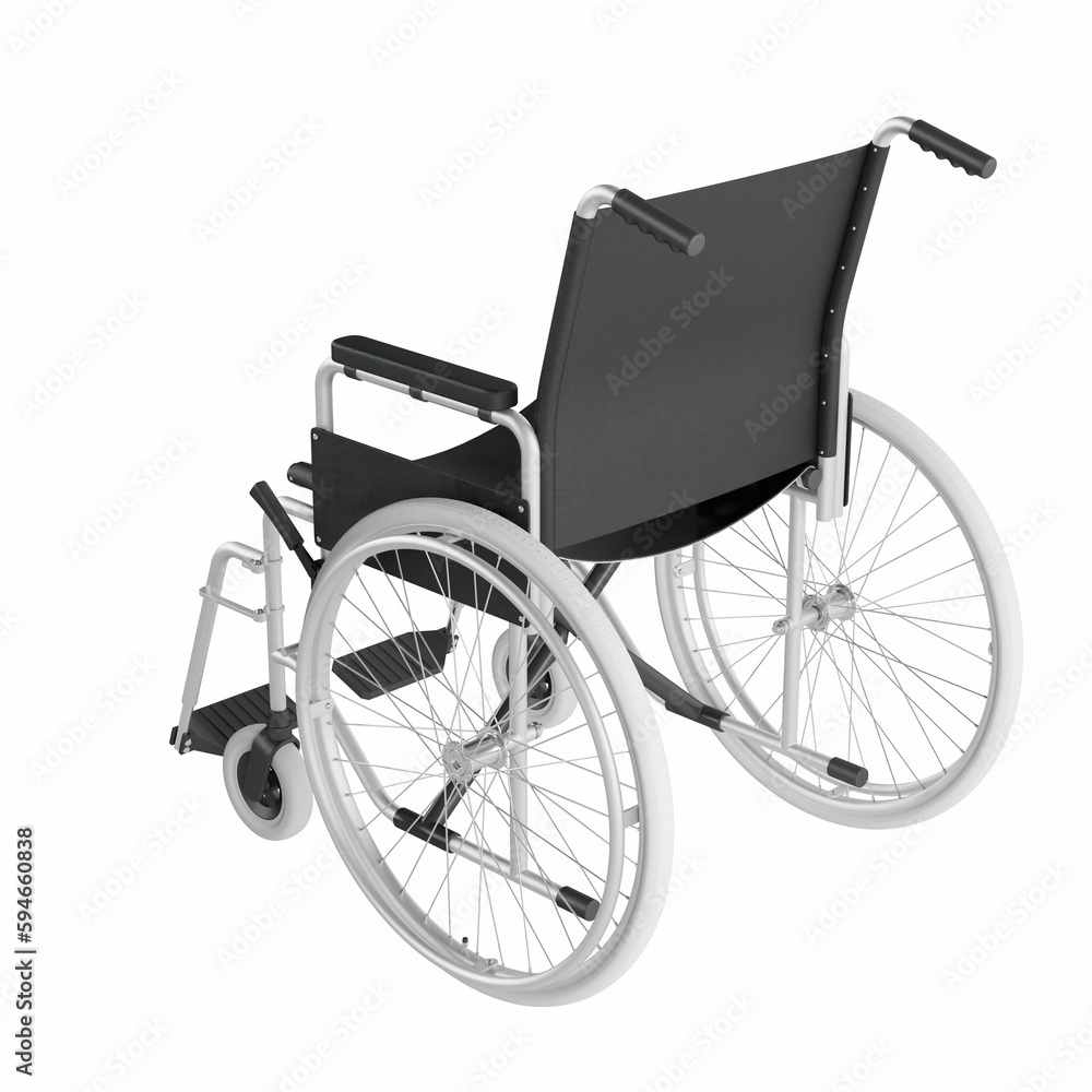 a black and white wheelchair against a white background, 3d rendering