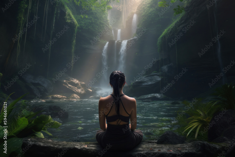 Woman meditating in nature in front of a waterfall. Generative AI