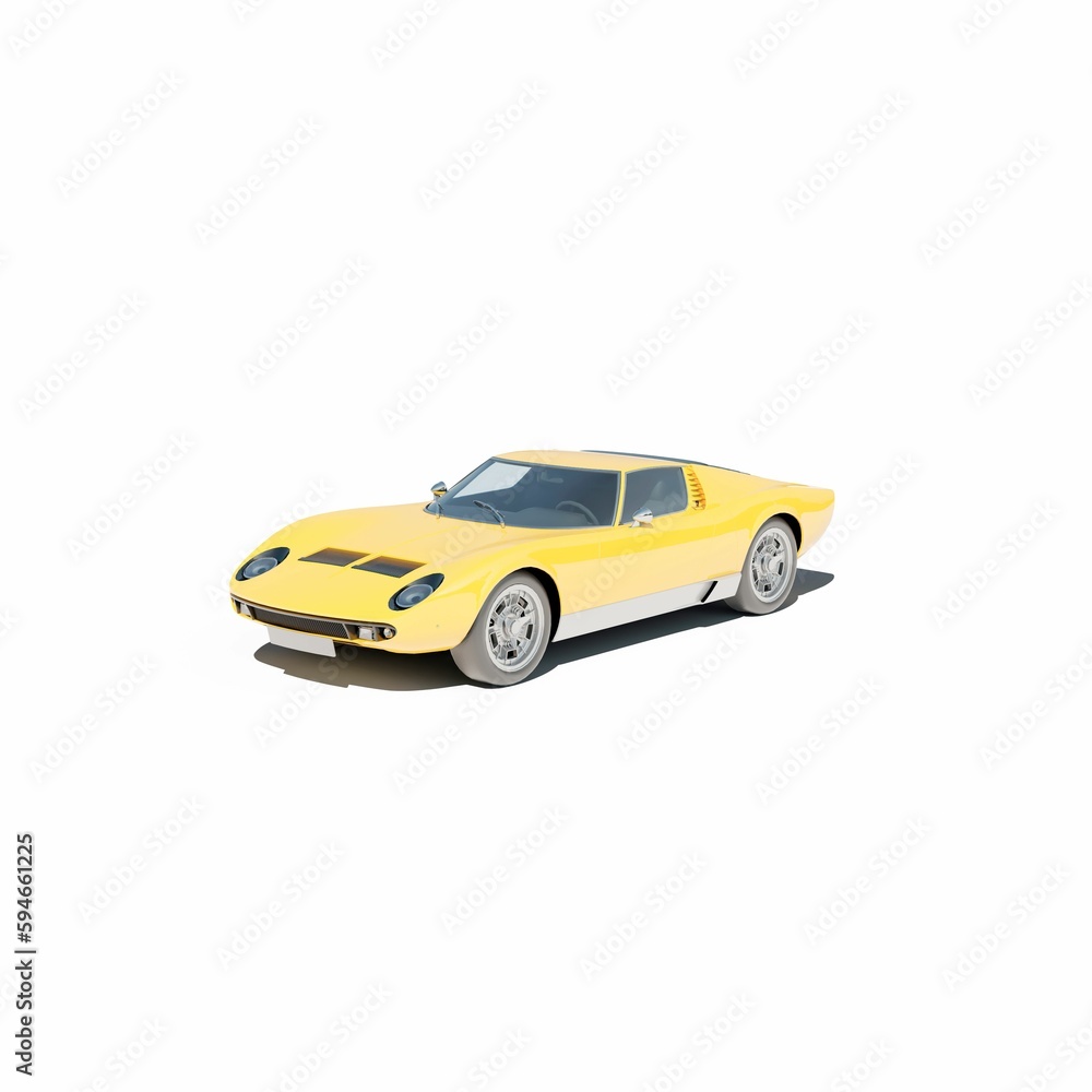 a yellow model sports car on white with surface, 3d rendering
