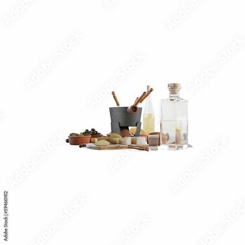 different types of ingredients near oil, 3d rendering photo