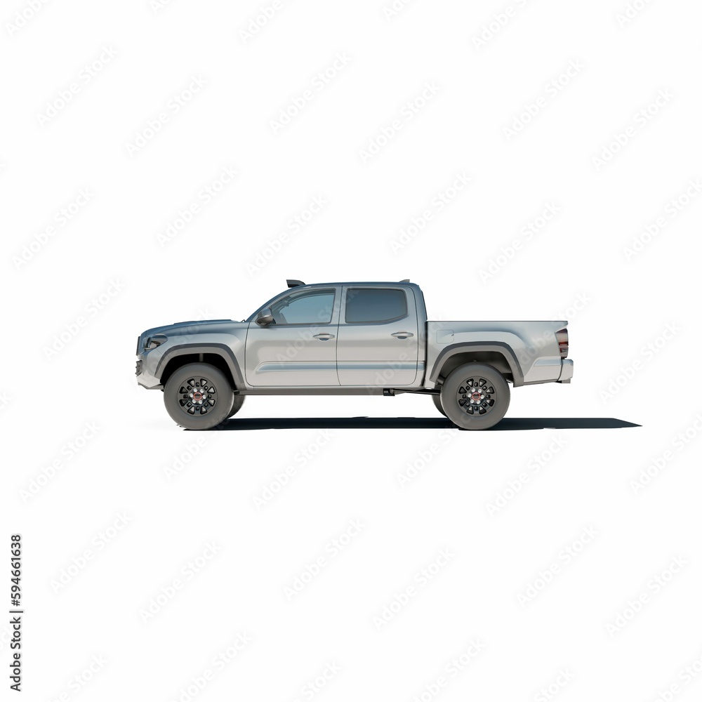 a silver truck parked on a white surface, 3d rendering