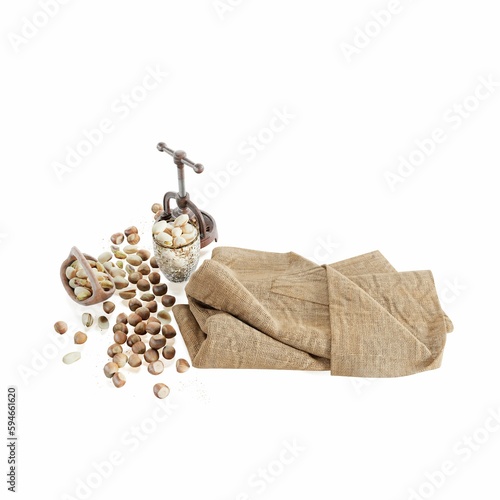 different types of nuts on a white surface, 3d rendering photo