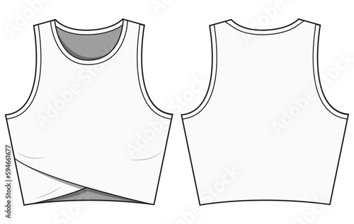 Sleeveless Overlap Crop Tank Top Front and Back View. Fashion Illustration, Vector, CAD, Technical Drawing, Flat Drawing, Template, Mockup.	