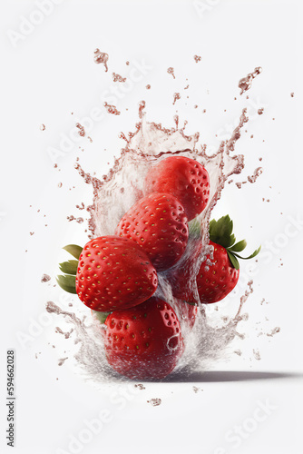 Levitation strawberries with drops of water splash, isolated on white background, organic healthy, flying food, AI generative