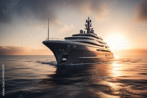 Front view of super Yacht at the sunset. Generative AI
