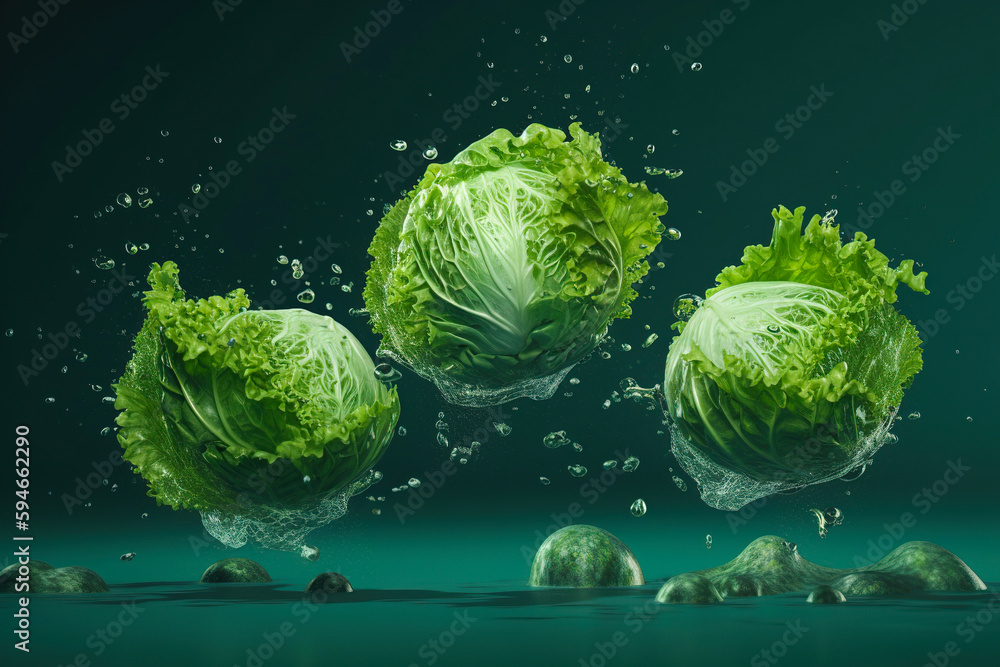 Obraz premium Levitation cabbages head with drops of water splash, isolated on green background, organic healthy, flying food, AI generative