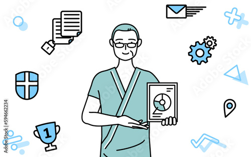 DXのイメージ、デジタル技術を利用して業務改善を行う中年・シニア男性入院患者