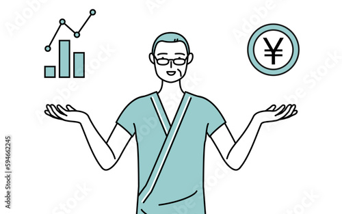 DXのイメージ、業績と売上の向上を案内する中年・シニア男性入院患者