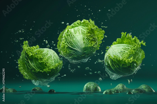 Levitation cabbages head with drops of water splash, isolated on green background, organic healthy, flying food, AI generative © bondarillia