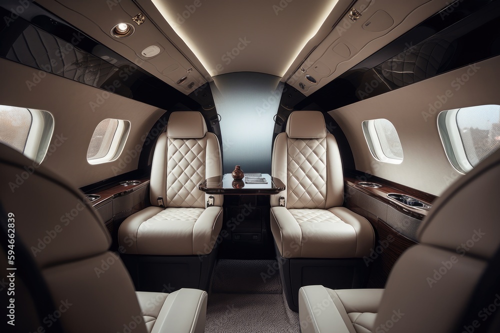 Interior of luxurious private jet with leather seats. Illustration AI Generative Interior of luxurious private jet with leather seats. Illustration AI Generative