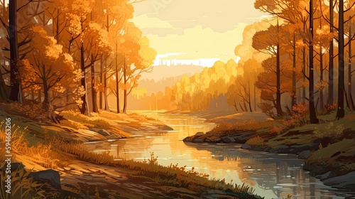 Forest river sunrise illustration. Landscape with morning trees and river. Generative AI
