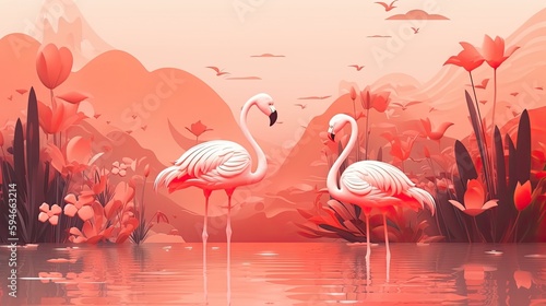 Beautiful flamingo in floral summer background. Illustration with tropical palm leaves. Generative AI
