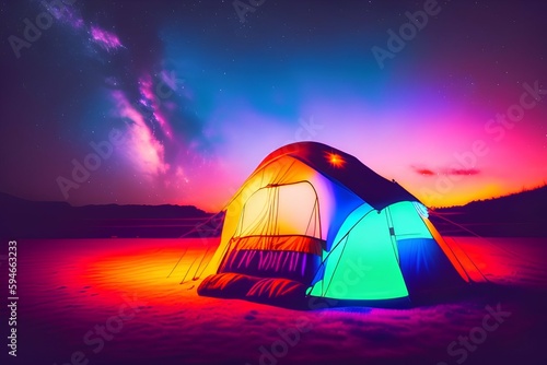 A tent with neon lights glowing under the Milky Way - generative ai