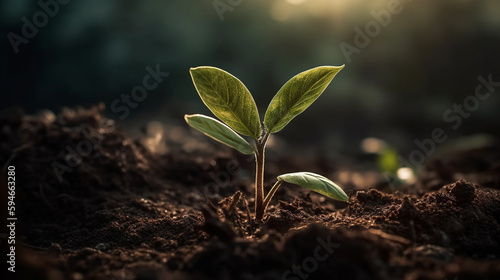Green plant growing from the soil. Ecology background of seedling. Sprout growing in environmental. Generative AI