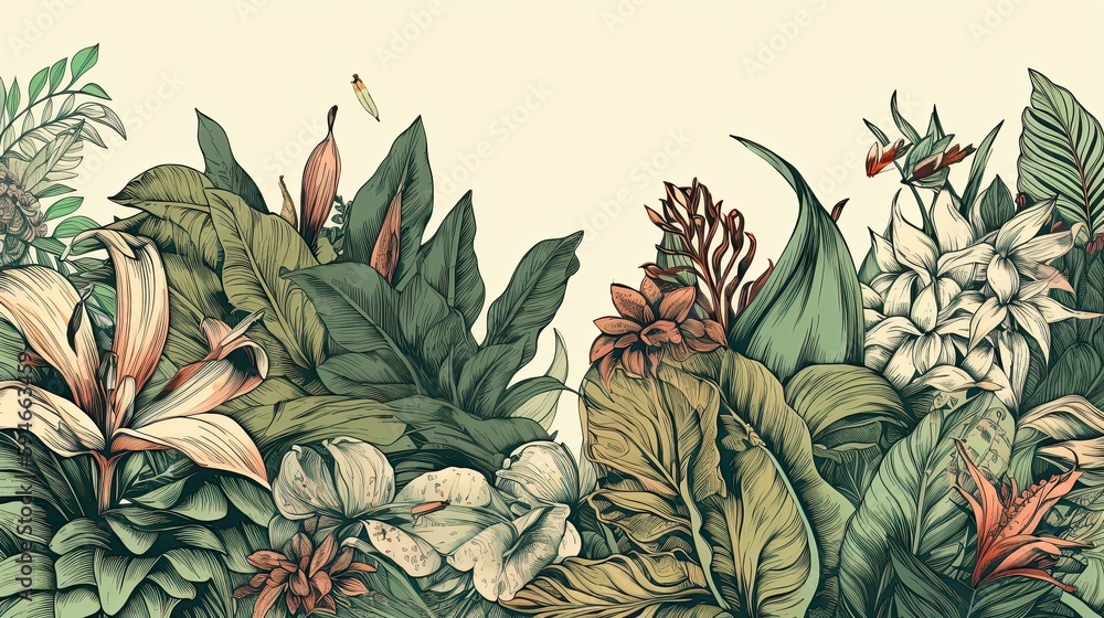 Obraz premium Hand drawn tropical leaves illustration. Modern floral background. Elegant nature design. Generative AI