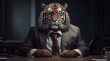 Businessman with tiger head sits by the table. Boss animal in a suit business concept illustration. Generative AI
