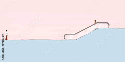 Man waiting woman going down on escalator childish style vector illustration with blank space. Love concept doodle lines flat design.