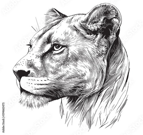 Lioness face hand drawn sketch illustration, Wild animals