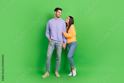 Full body portrait of two peaceful cheerful partners hug hold hands look each other isolated on green color background