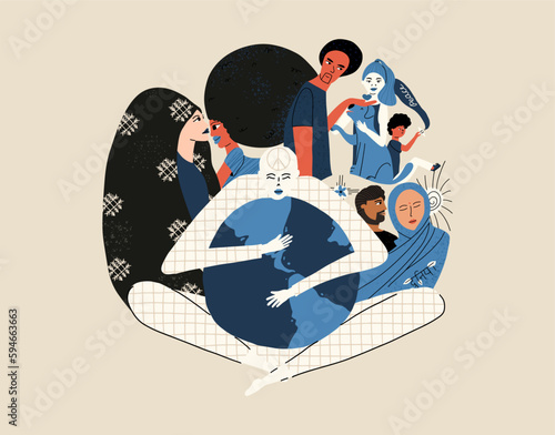 The concept of Cosmopolitanism, tolerance. The relationship of people of different nationalities and cultures. Hand drawn illustration