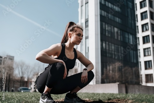 Junge Frau macht Dehn-Übungen nach dem Lauftraining (Generative AI)