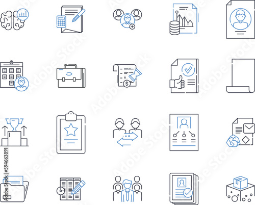 Government paperwork line icons collection. Bureaucracy, Forms, Licenses, Permits, Applications, Certificates, Documentation vector and linear illustration. Red tape,Regulations,Compliance outline