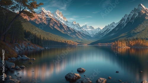 Mountains reflected in the lake. Nature composition. Elements of this image furnished by NASA