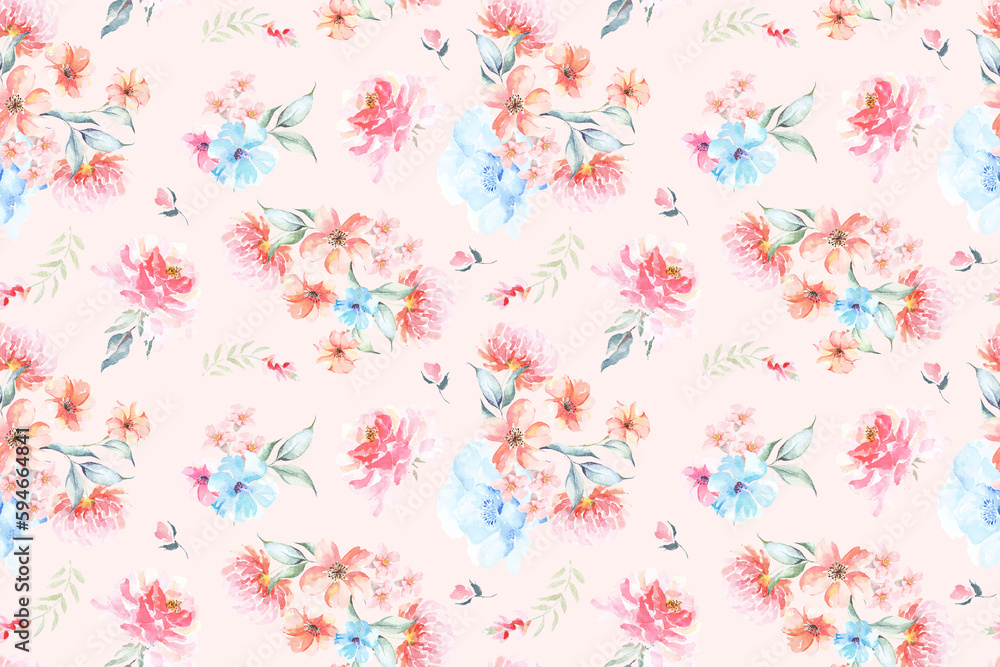 Seamless pattern of rose and blooming flowers painted in watercolor on pastel background. Designed for fabric luxurious and wallpaper, vintage style.Hand drawn botanical floral pattern illustration.
